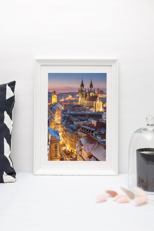 Prague Old Town & Hradčany Castle on a Winter Night – Unframed Fine Art Print