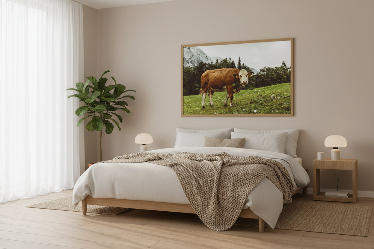 Bedroom with a cow painting on the wall