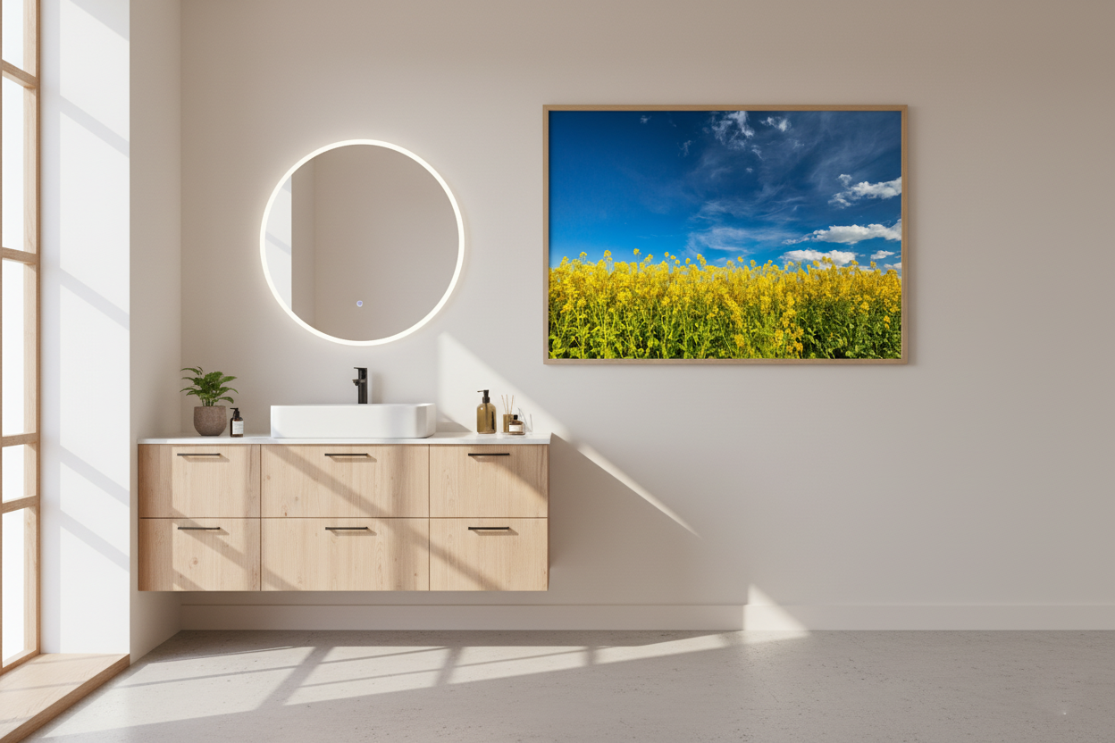 Vivid yellow canola field under bright blue sky, perfect for summer landscape wall art print
