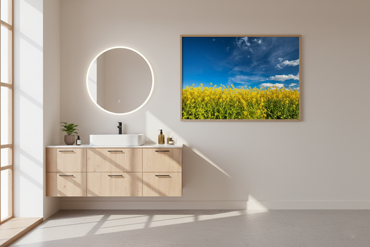 Vivid yellow canola field under bright blue sky, perfect for summer landscape wall art print