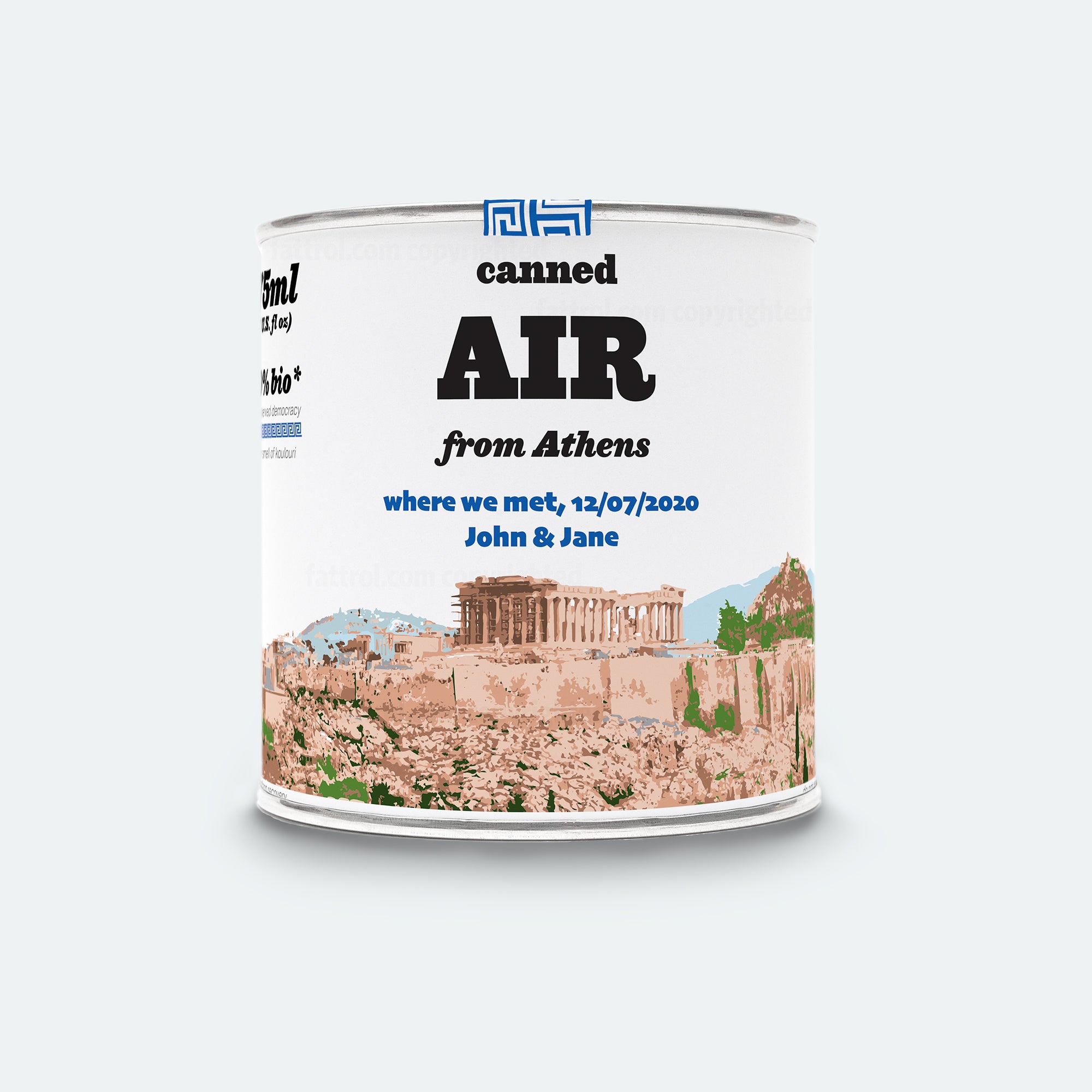 Canned Air from Athens with printed names and hearts — perfect honeymoon souvenir from the Acropolis