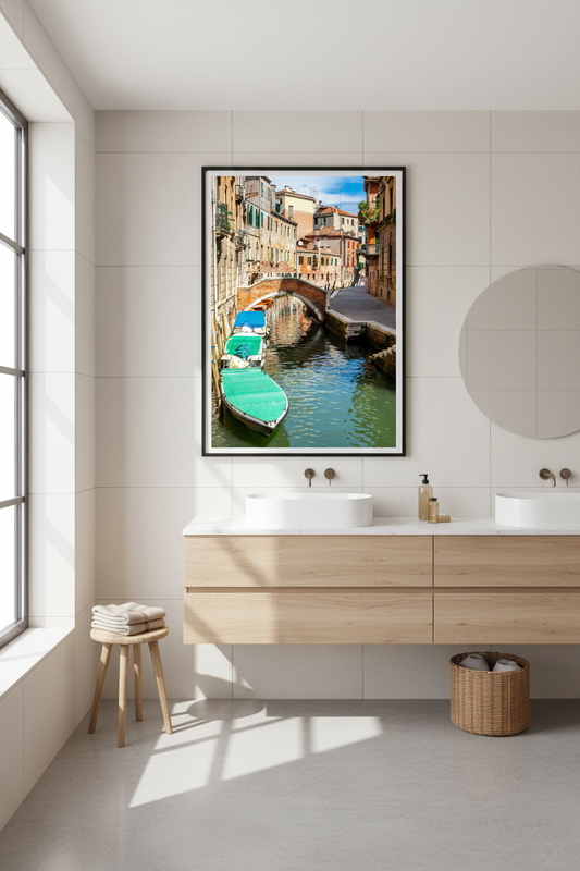 Scenic Venice canal with boats, bridge, and colorful old buildings — perfect for an Italian cityscape photo print
