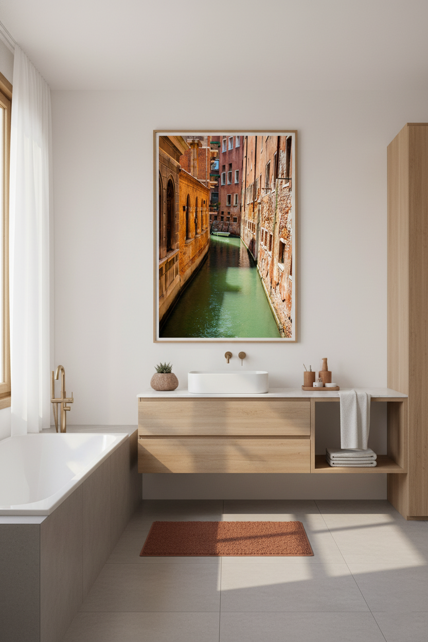 Venetian canal with brick buildings and a small boat, perfect as Venice wall art print
