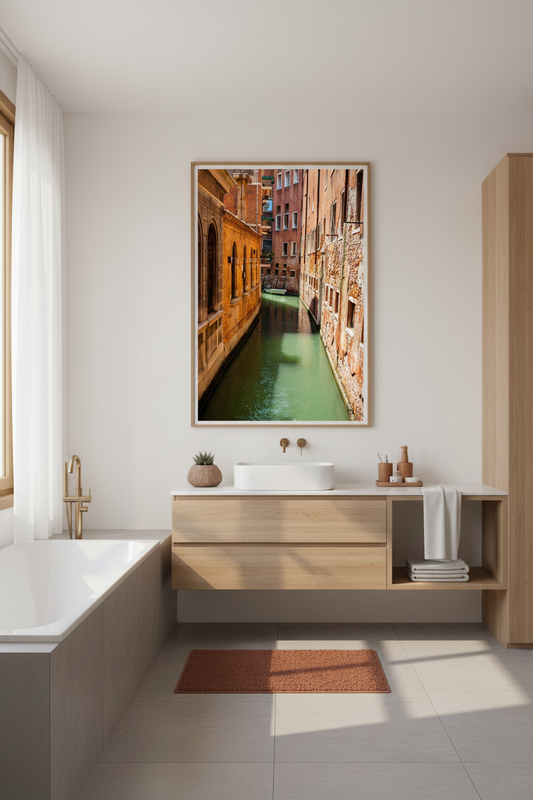 Venetian canal with brick buildings and a small boat, perfect as Venice wall art print