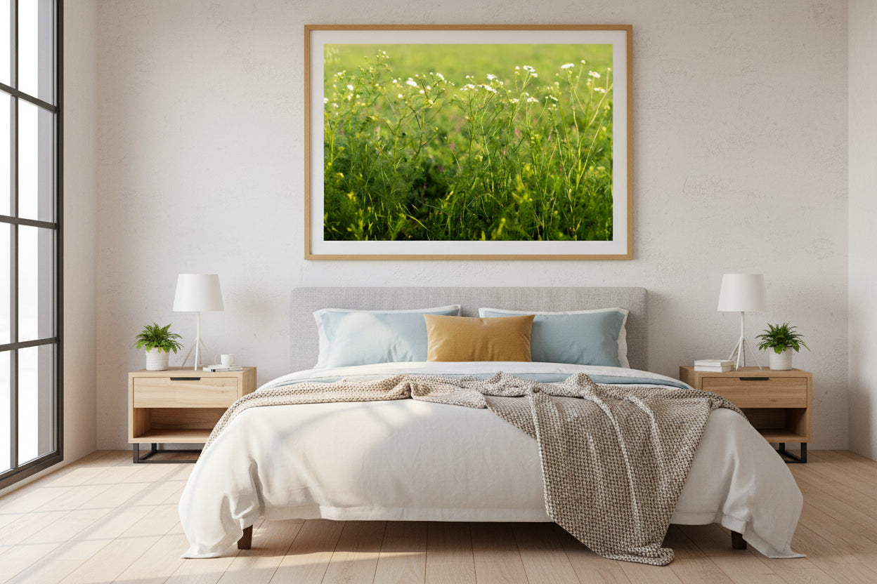 Bedroom with a large framed picture of a grassy field above the bed.