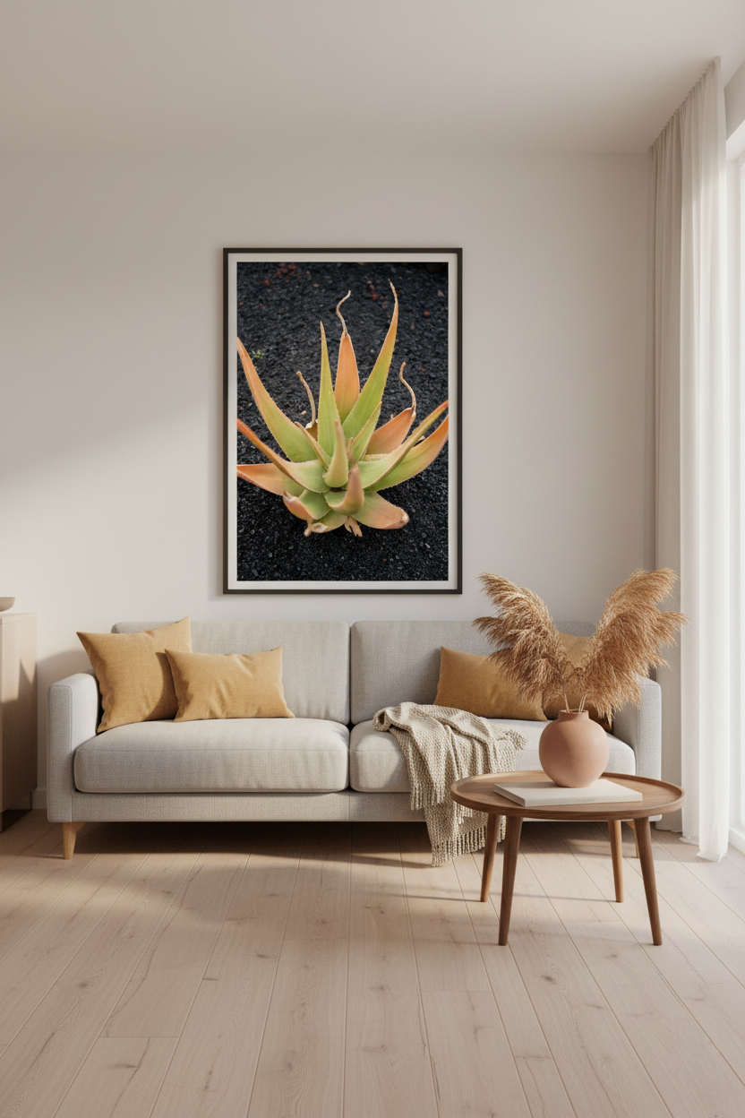 Succulent aloe plant growing in black volcanic gravel, captured in a fine art photo print.