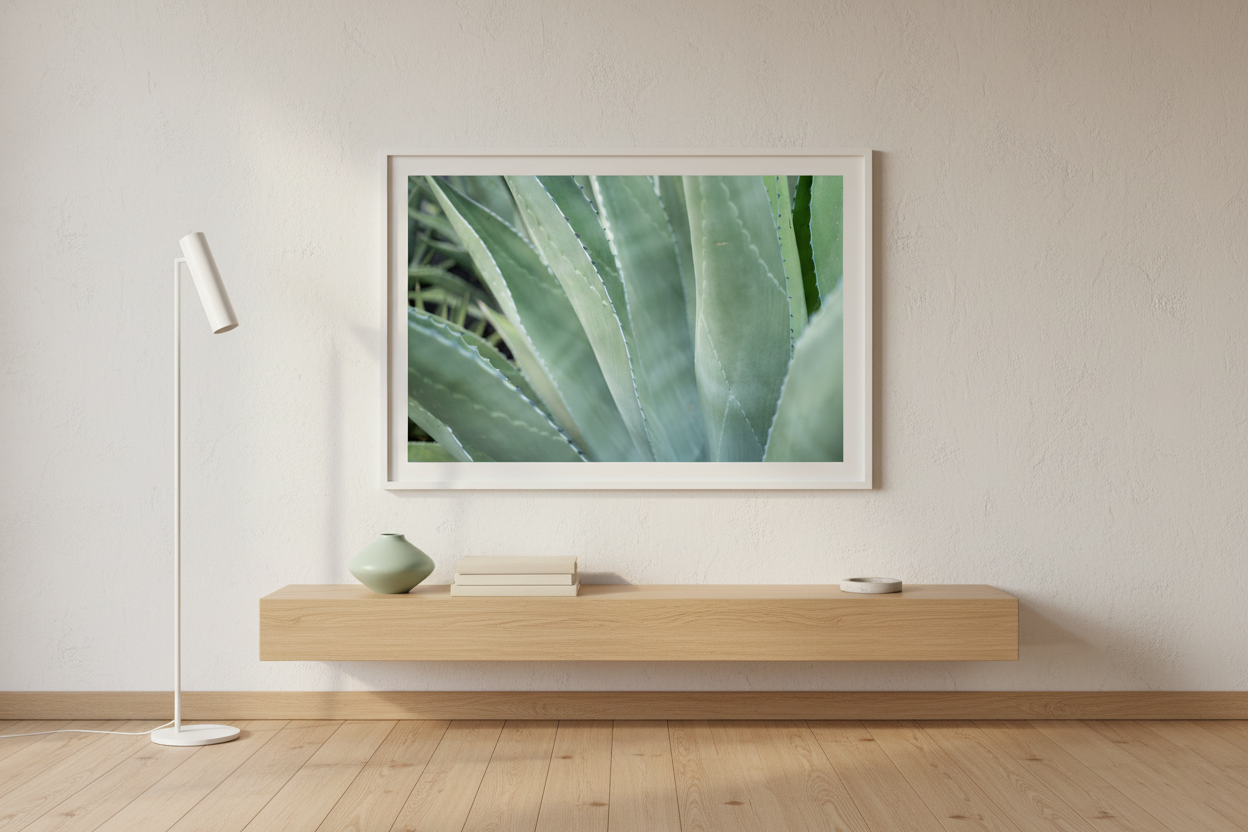 Green agave macro photography print showcasing natural symmetry and texture