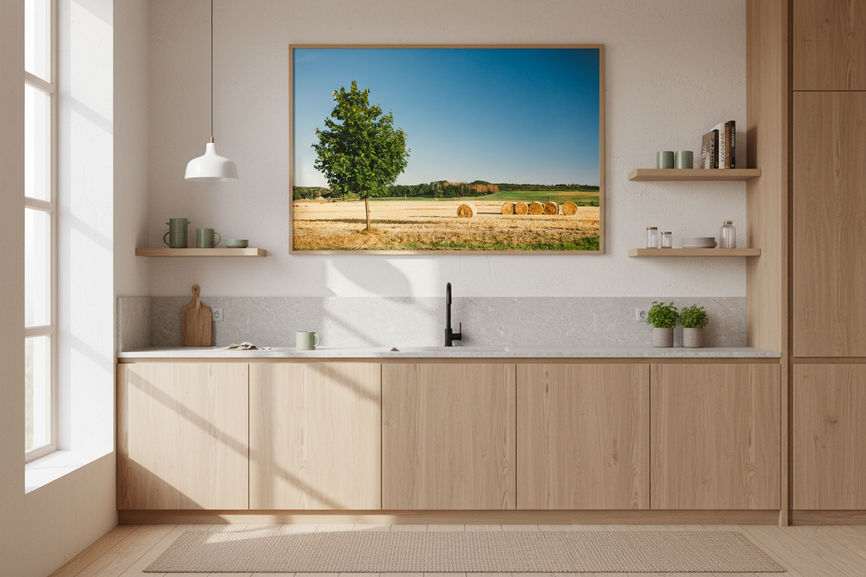 Peaceful countryside landscape with hay rolls and a lush green tree on a warm summer day