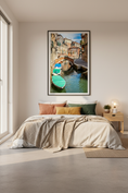 Load image into Gallery viewer, Italian Venice canal photograph with moored boats and historic architecture under sunlight