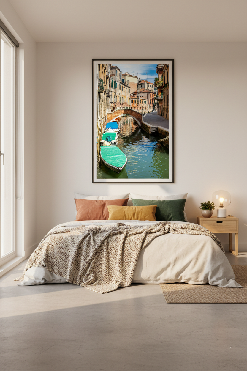 Italian Venice canal photograph with moored boats and historic architecture under sunlight