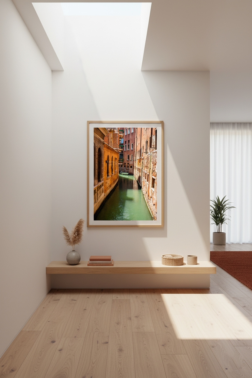 Sunny canal in Venice, Italy with colorful facades reflected in green water