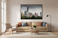 Load image into Gallery viewer, NYC skyline wall art print featuring Manhattan skyscrapers and dark cloudy sky