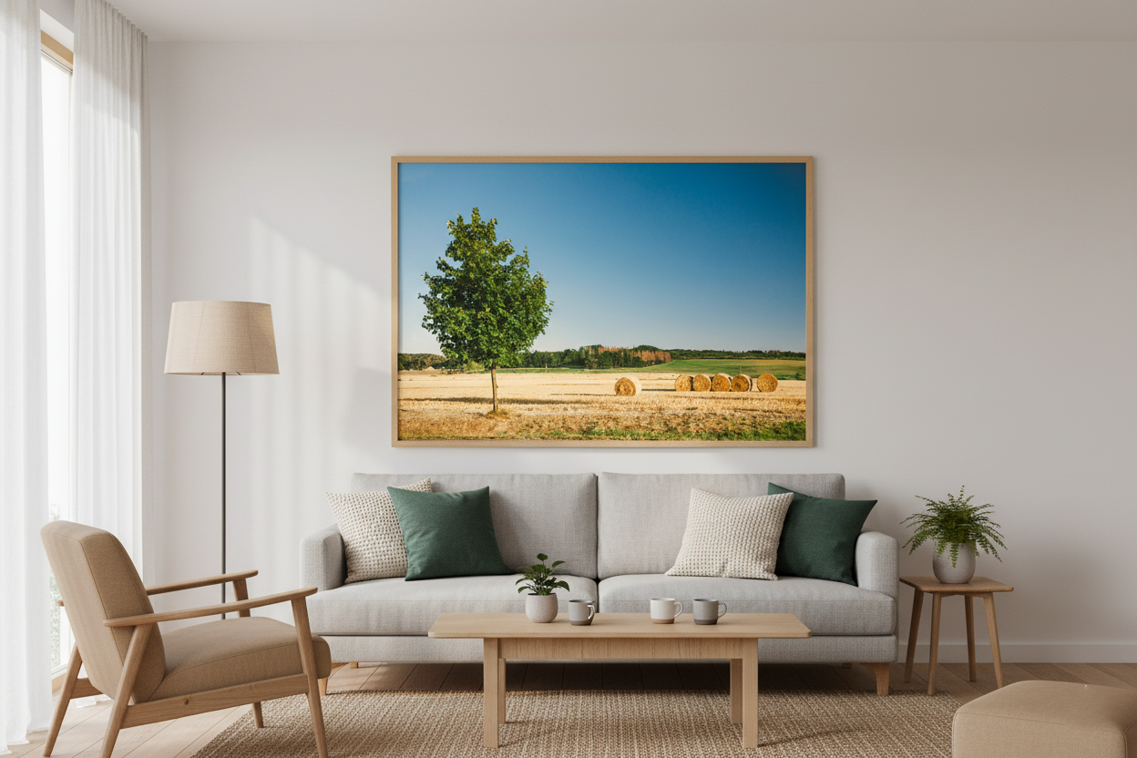 Tranquil rural summer view featuring a green tree and golden hay bales in open farmland.