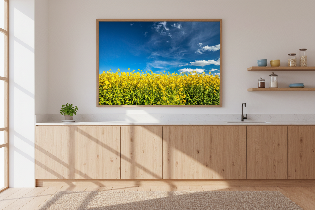 Bright rapeseed meadow with fluffy white clouds, cheerful yellow field photography print