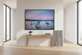 Load image into Gallery viewer, Minimalist lake photo print featuring boats, mountains, and twilight colors
