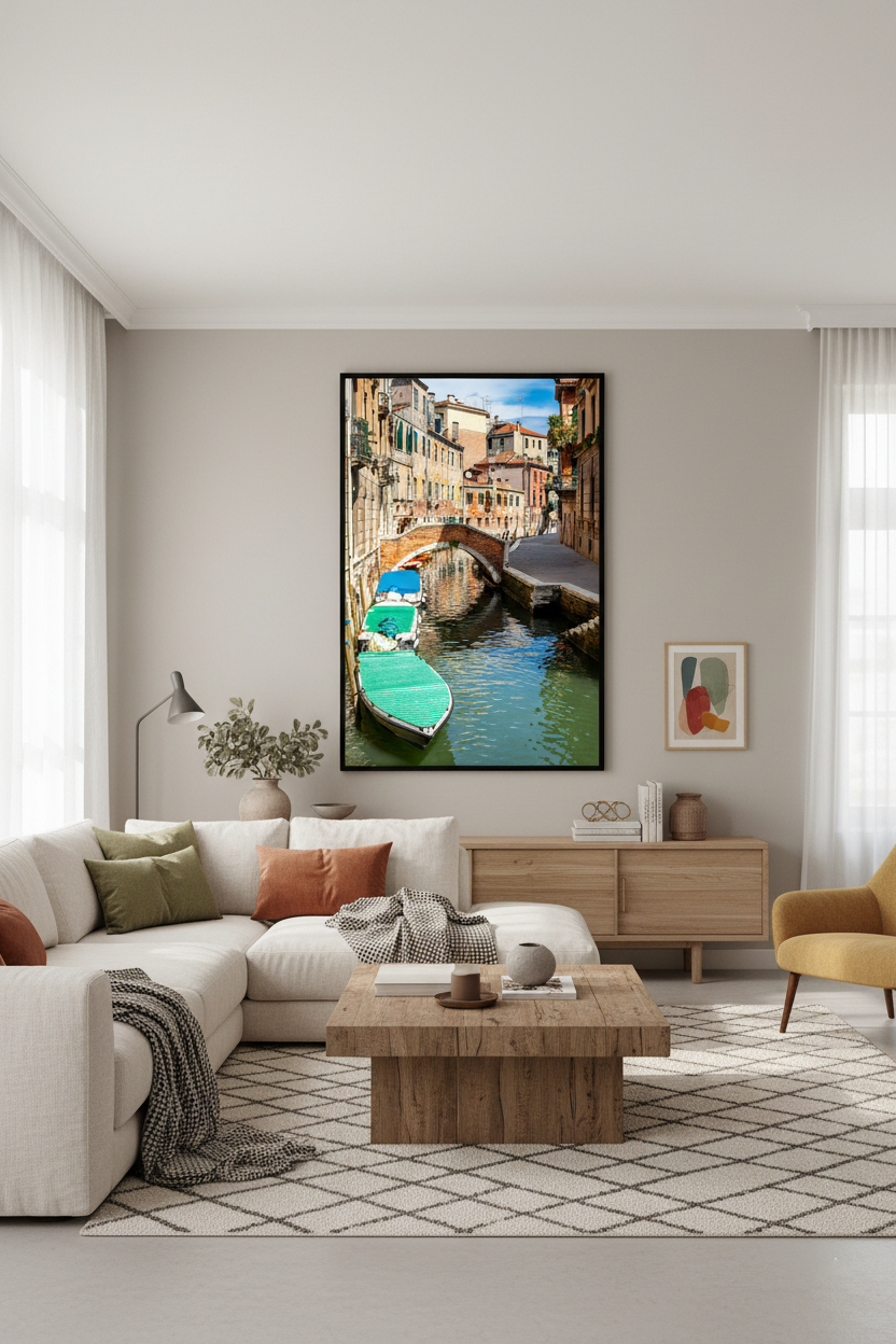 Travel-inspired Venice print featuring historic architecture and peaceful canal