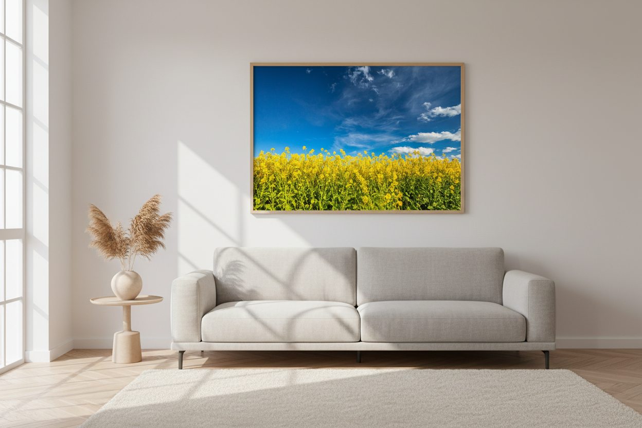 Landscape photo of canola flowers under open sky, modern nature-inspired wall decor print