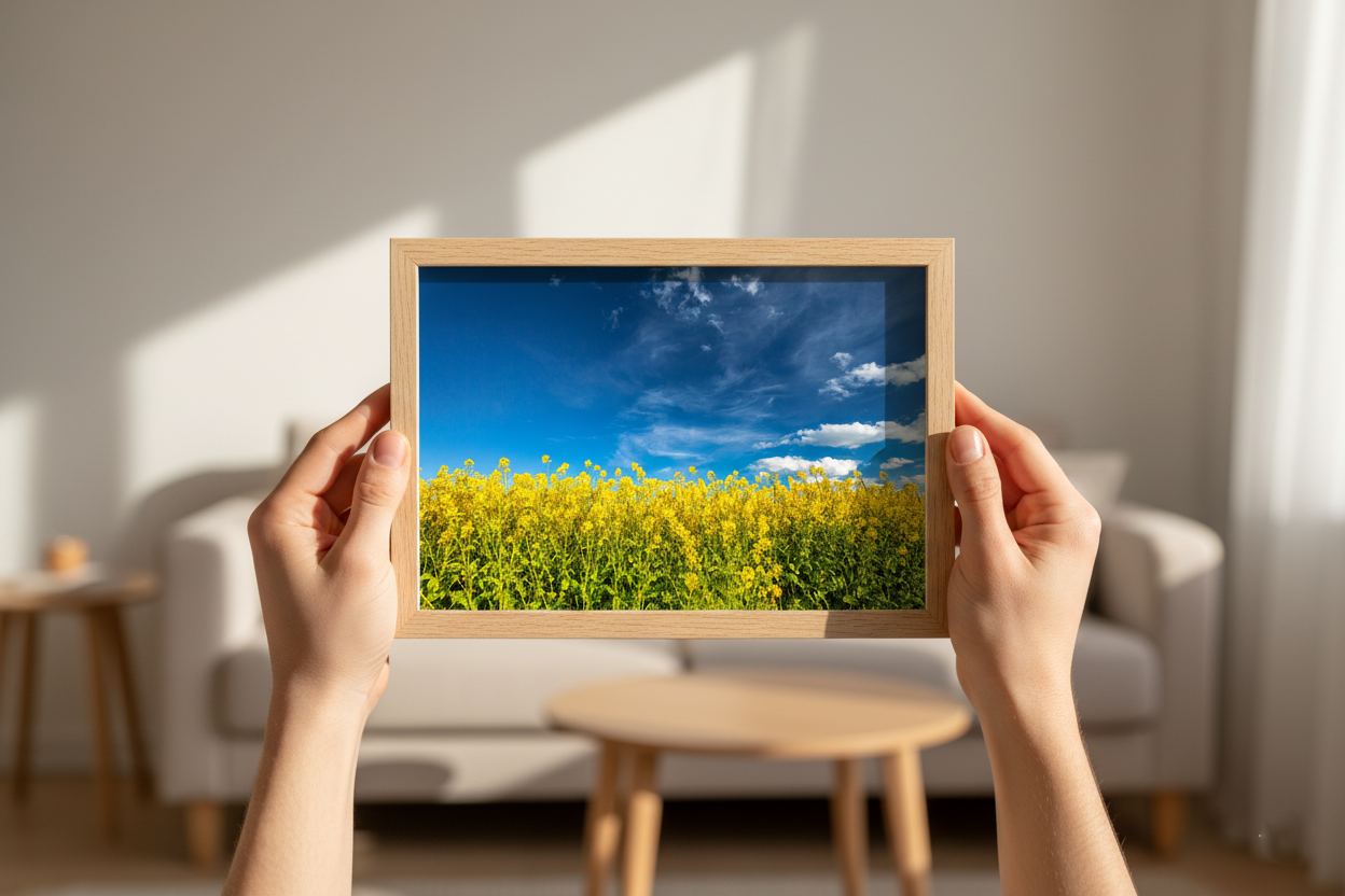Blooming rapeseed field in summer sunlight, beautiful landscape photo for wall decoration