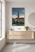 Load image into Gallery viewer, Zurich old town skyline with Fraumünster Church tower at sunset