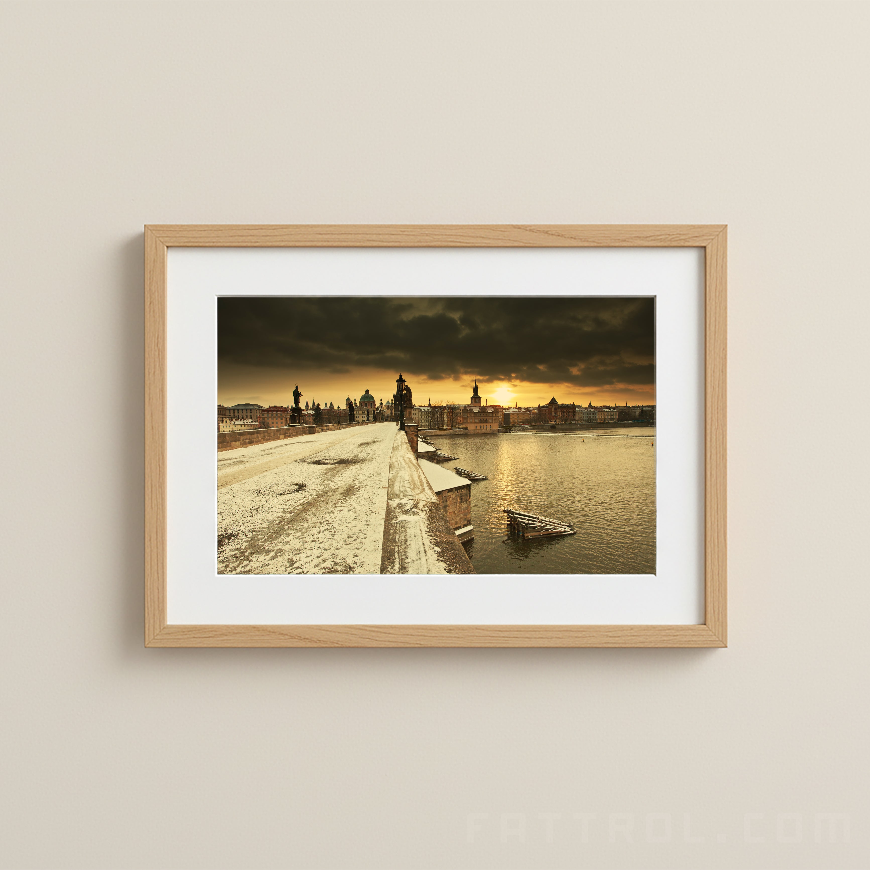 Charles Bridge Prague at sunrise — twilight city travel poster by Fattrol