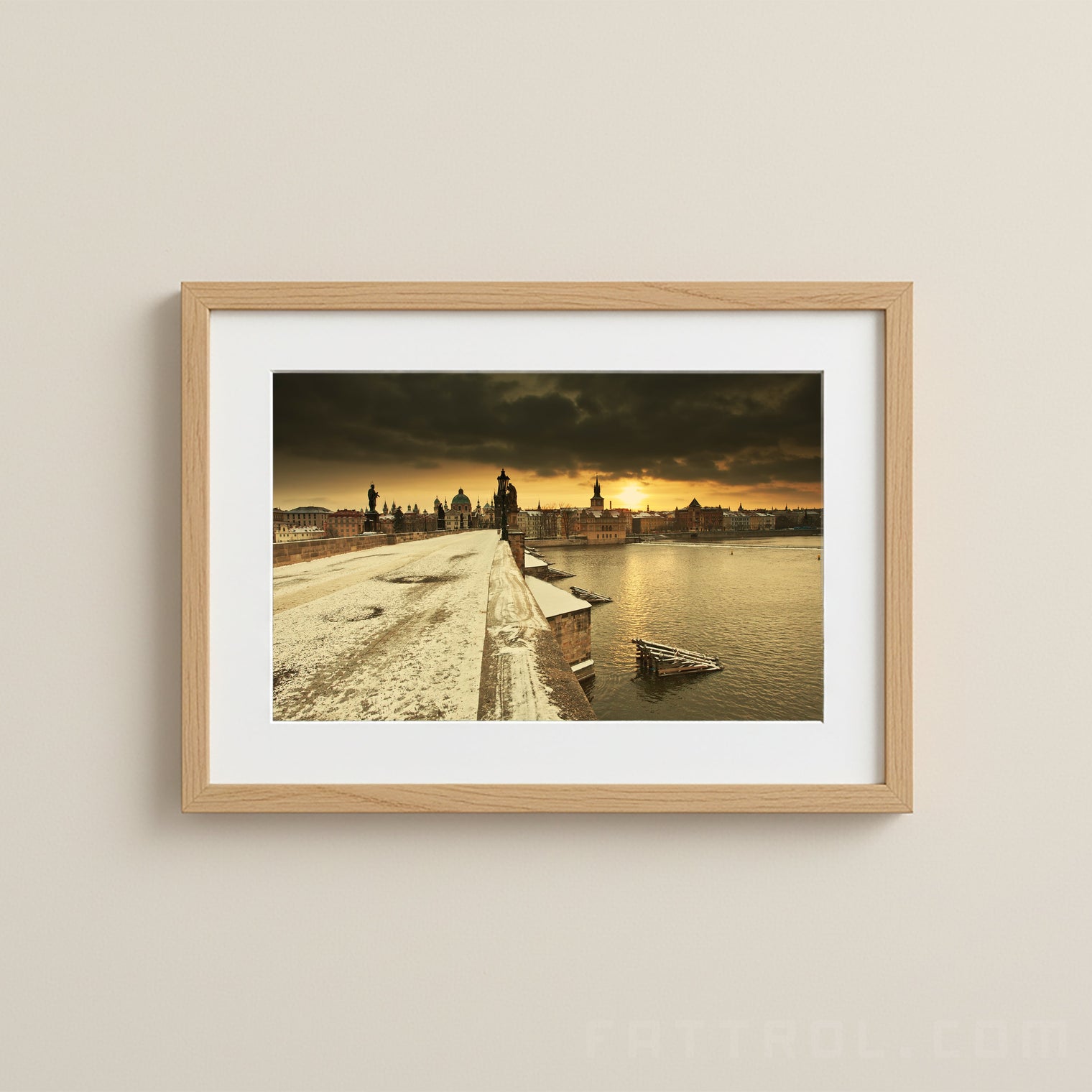 Charles Bridge Prague at sunrise — twilight city travel poster by Fattrol