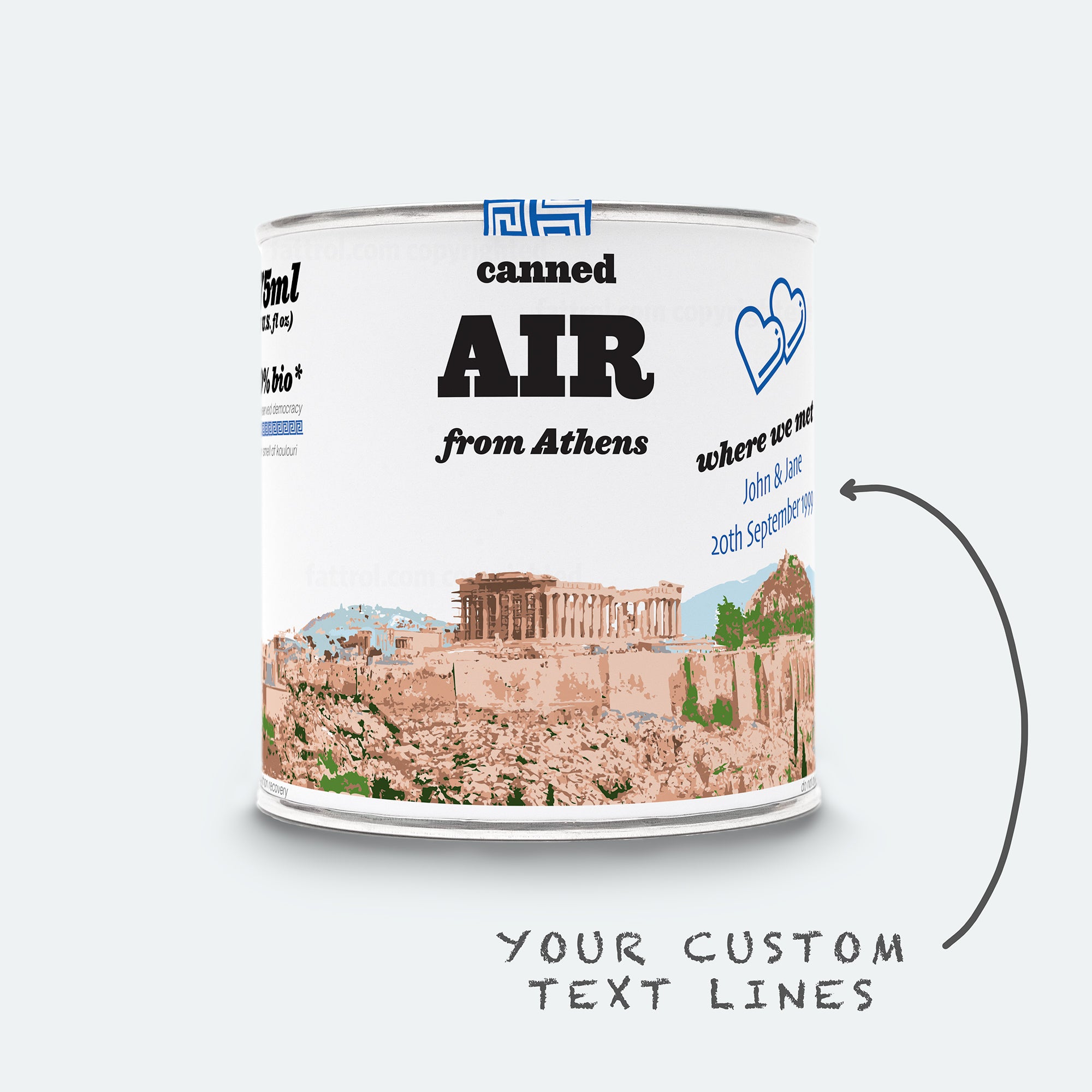 Personalized Canned Air from Athens with custom names and date in heart design — romantic Greek anniversary gift