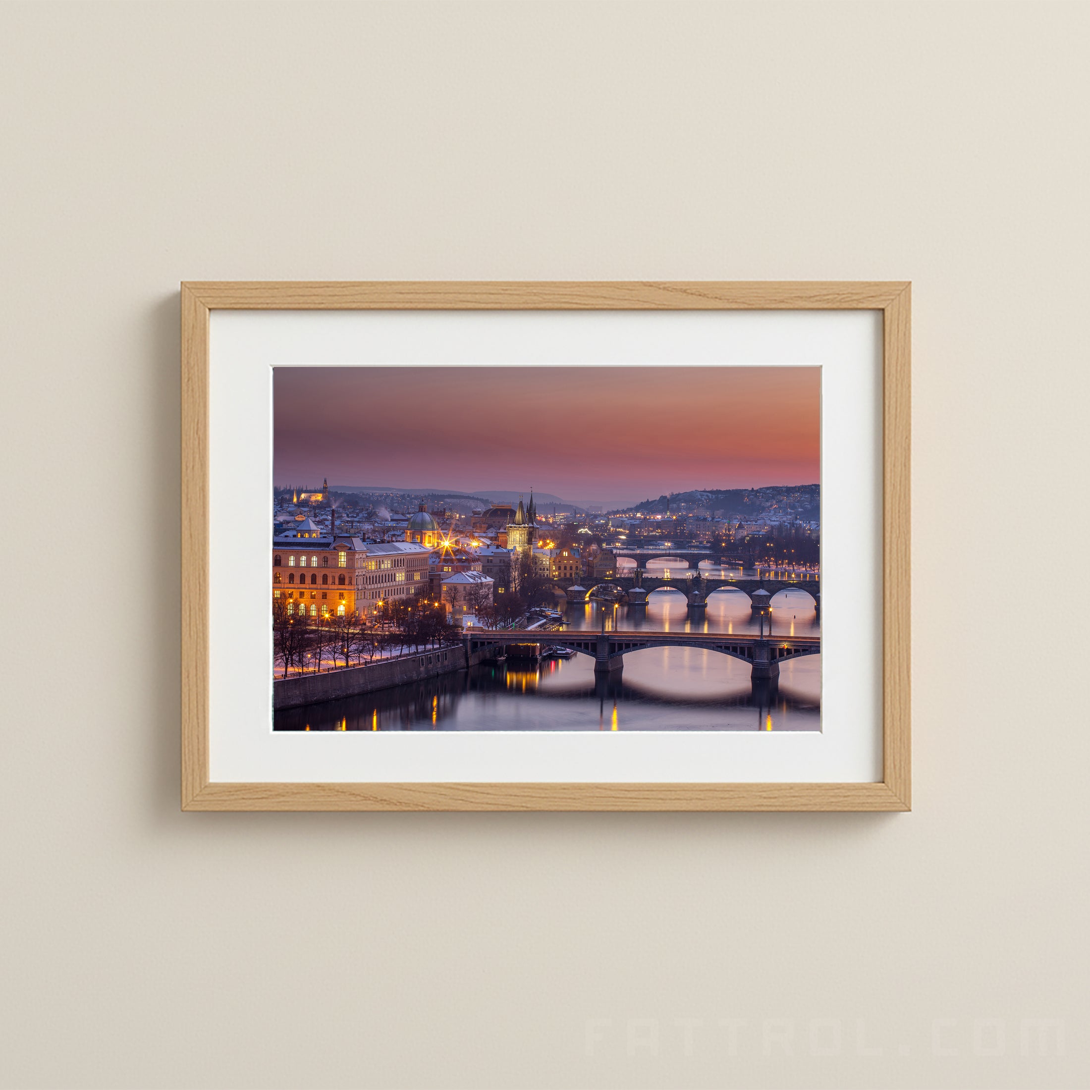 Twilight view of Prague’s bridges over the Vltava River — fine art cityscape print.