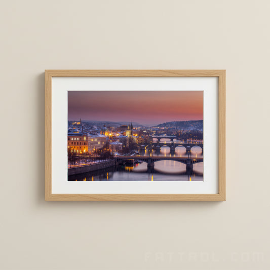 Twilight view of Prague’s bridges over the Vltava River — fine art cityscape print.