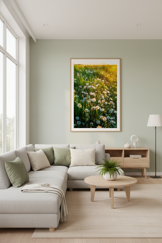 Peaceful countryside meadow under evening sun — botanical art print.