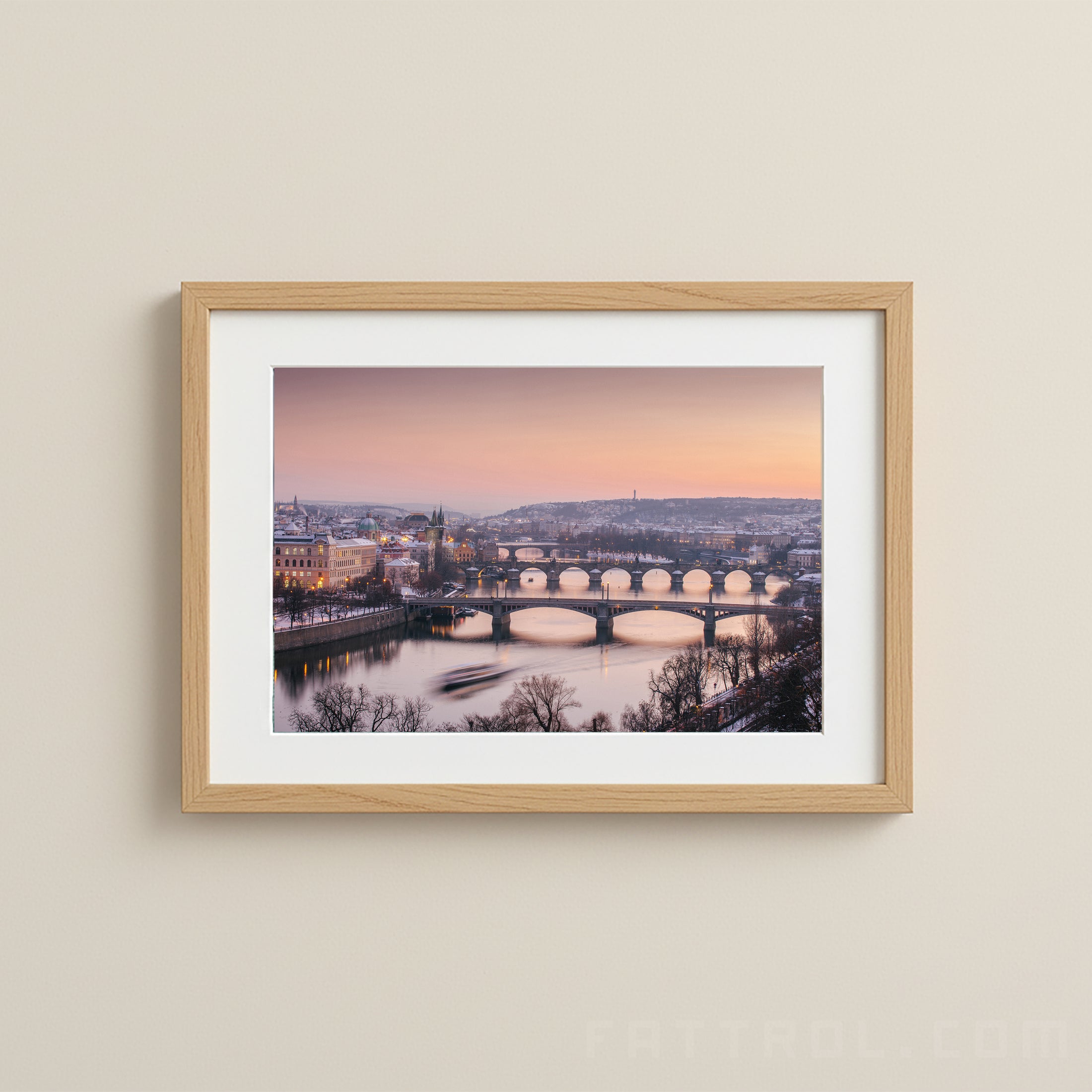 Winter view of Prague’s bridges over the Vltava River at dusk — fine art print.