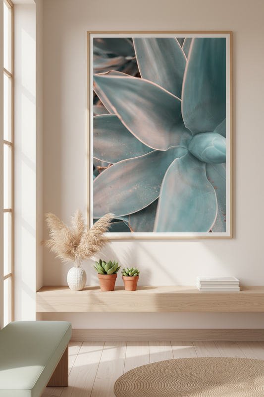 Close-up photograph of a teal succulent plant, perfect for modern wall art and botanical decor.