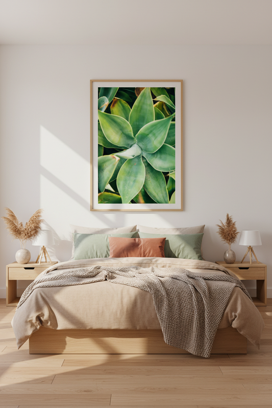 Green succulent leaf print featuring smooth textures and soft natural light