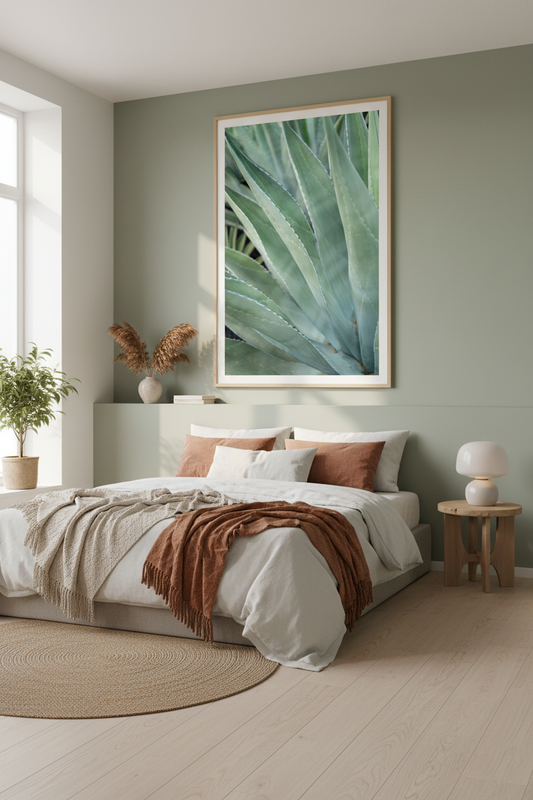 Close-up photograph of agave leaves, perfect for modern botanical wall art or nature-inspired interior decor