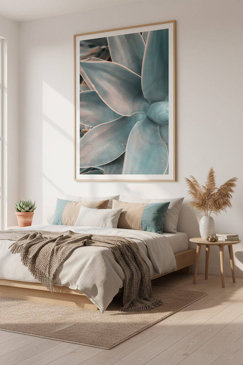 Minimalist agave leaf print with soft green tones, ideal for home or office decoration.