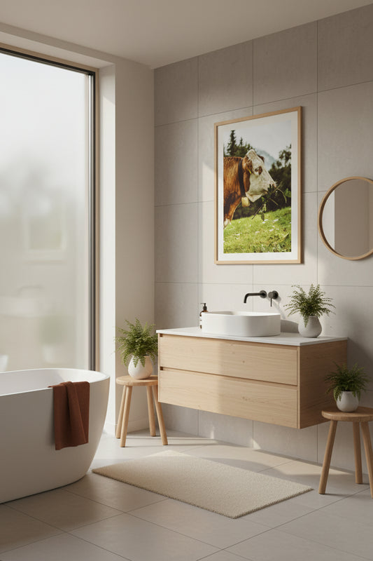 Modern bathroom with wooden vanity, white sink, and framed picture of a cow.