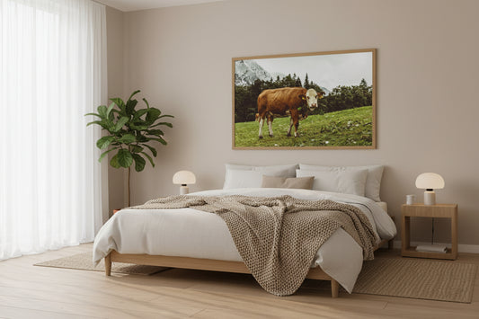 Bedroom with a cow painting on the wall