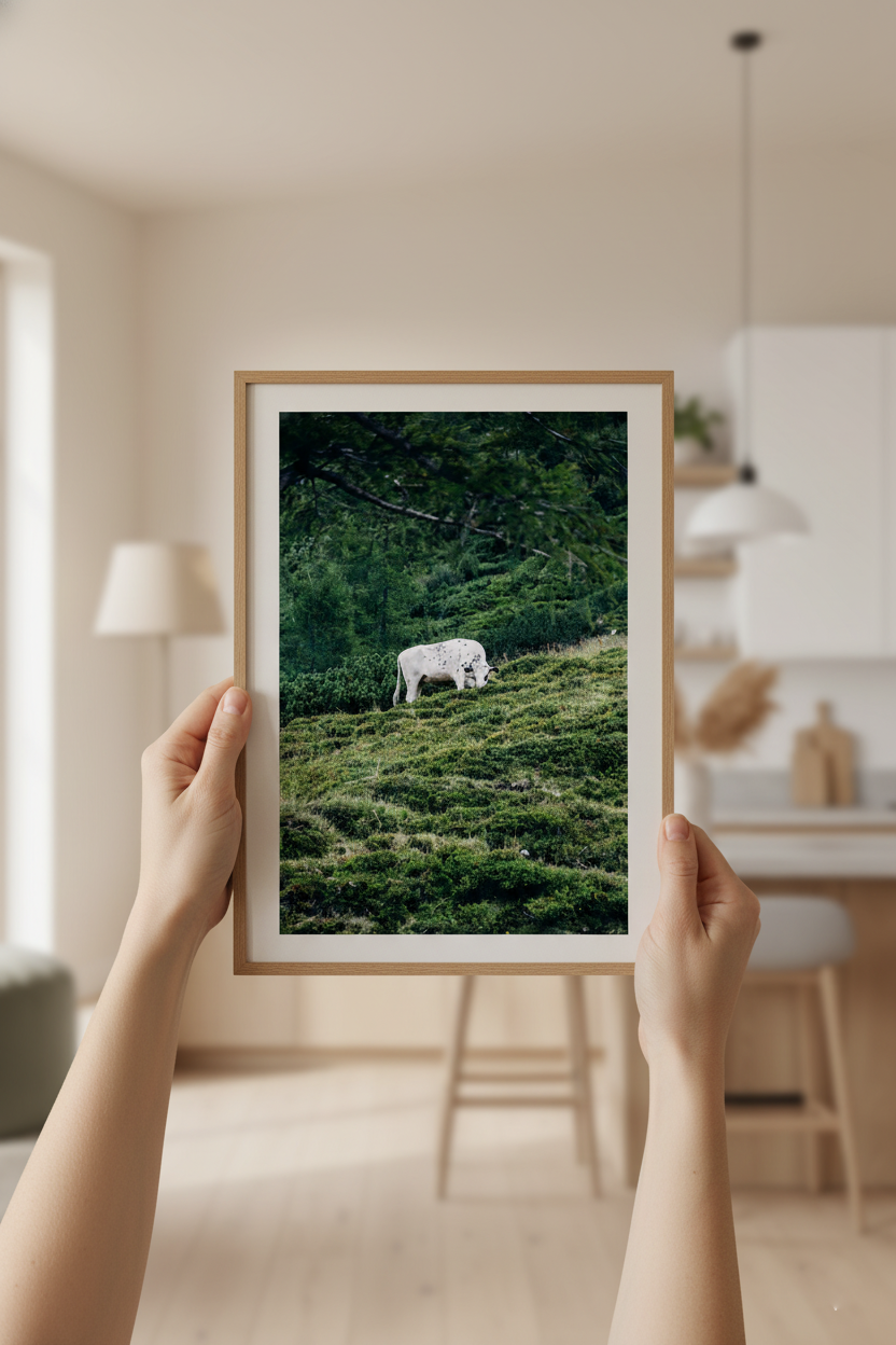 White cow grazing on a lush alpine meadow surrounded by green hills