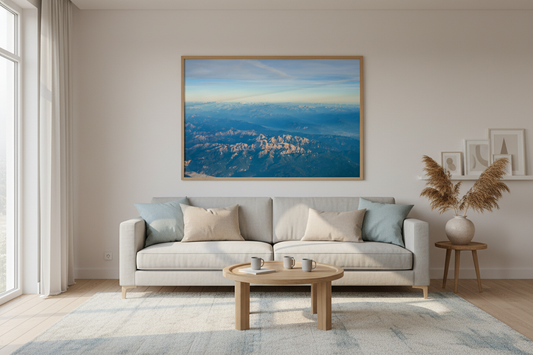 Aerial view of the Italian Alps at sunrise, perfect for wall art or photo print.