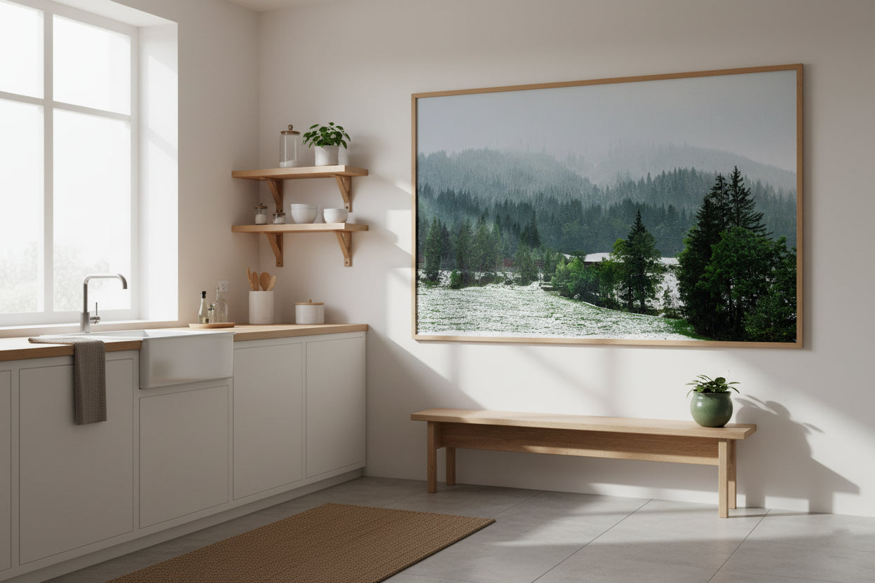 Modern kitchen with a large framed picture of a forest on the wall.