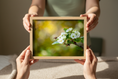 Load image into Gallery viewer, Close-up of a bee collecting nectar from white spring blossoms on a green background
