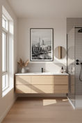Load image into Gallery viewer, Modern bathroom with wooden vanity, mirror, and framed picture on the wall.
