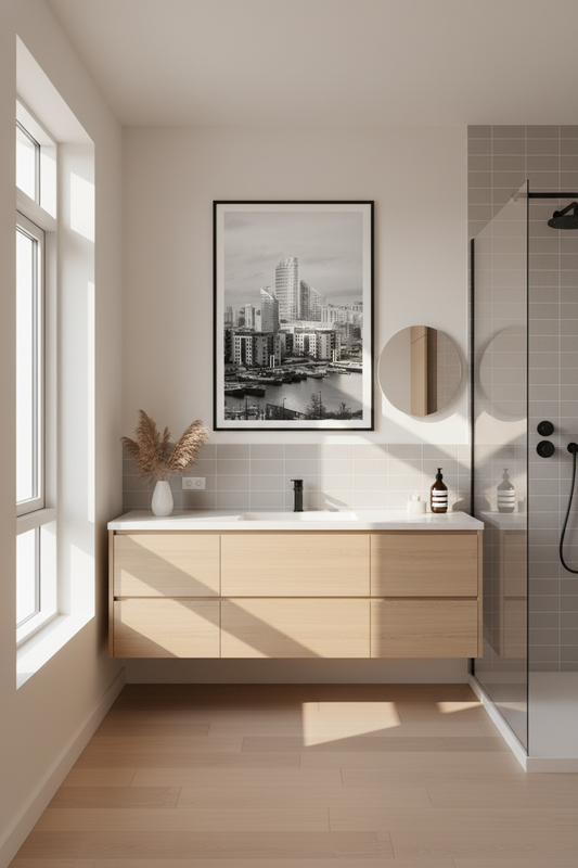 Modern bathroom with wooden vanity, mirror, and framed picture on the wall.
