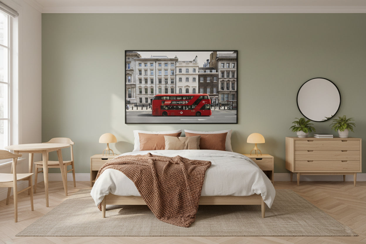 London double-decker bus with historic Westminster buildings in the background — contemporary British photography print.