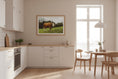 Load image into Gallery viewer, Modern kitchen with white cabinets, wooden countertops, and a dining area.
