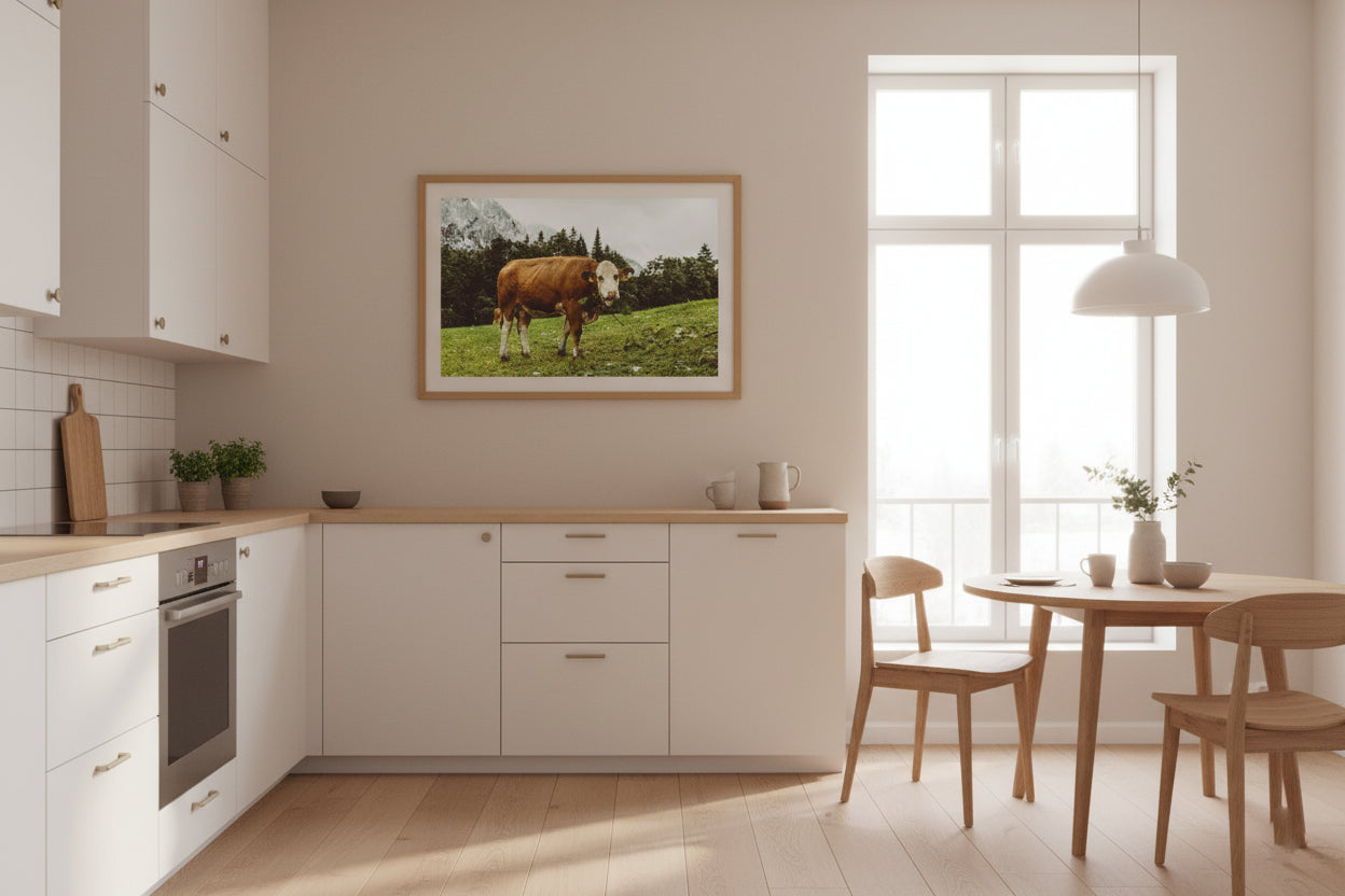 Modern kitchen with white cabinets, wooden countertops, and a dining area.