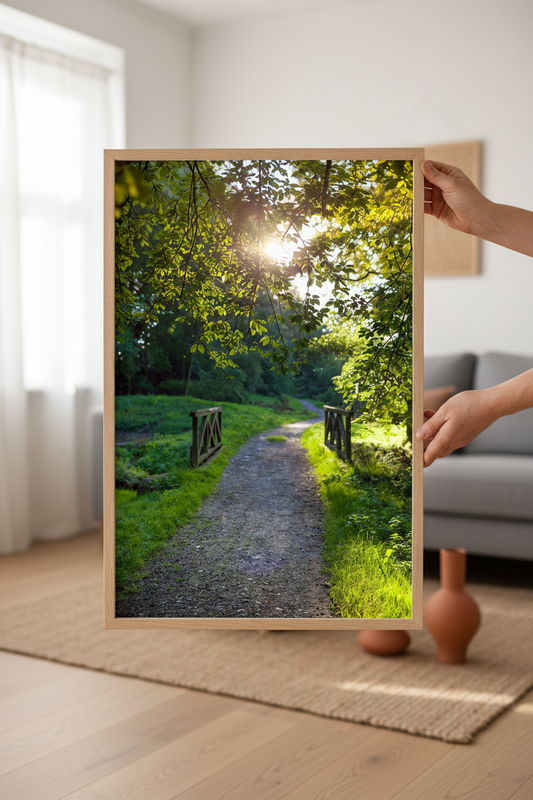 Sunlit forest path surrounded by lush green trees, perfect for nature wall art or home decor print