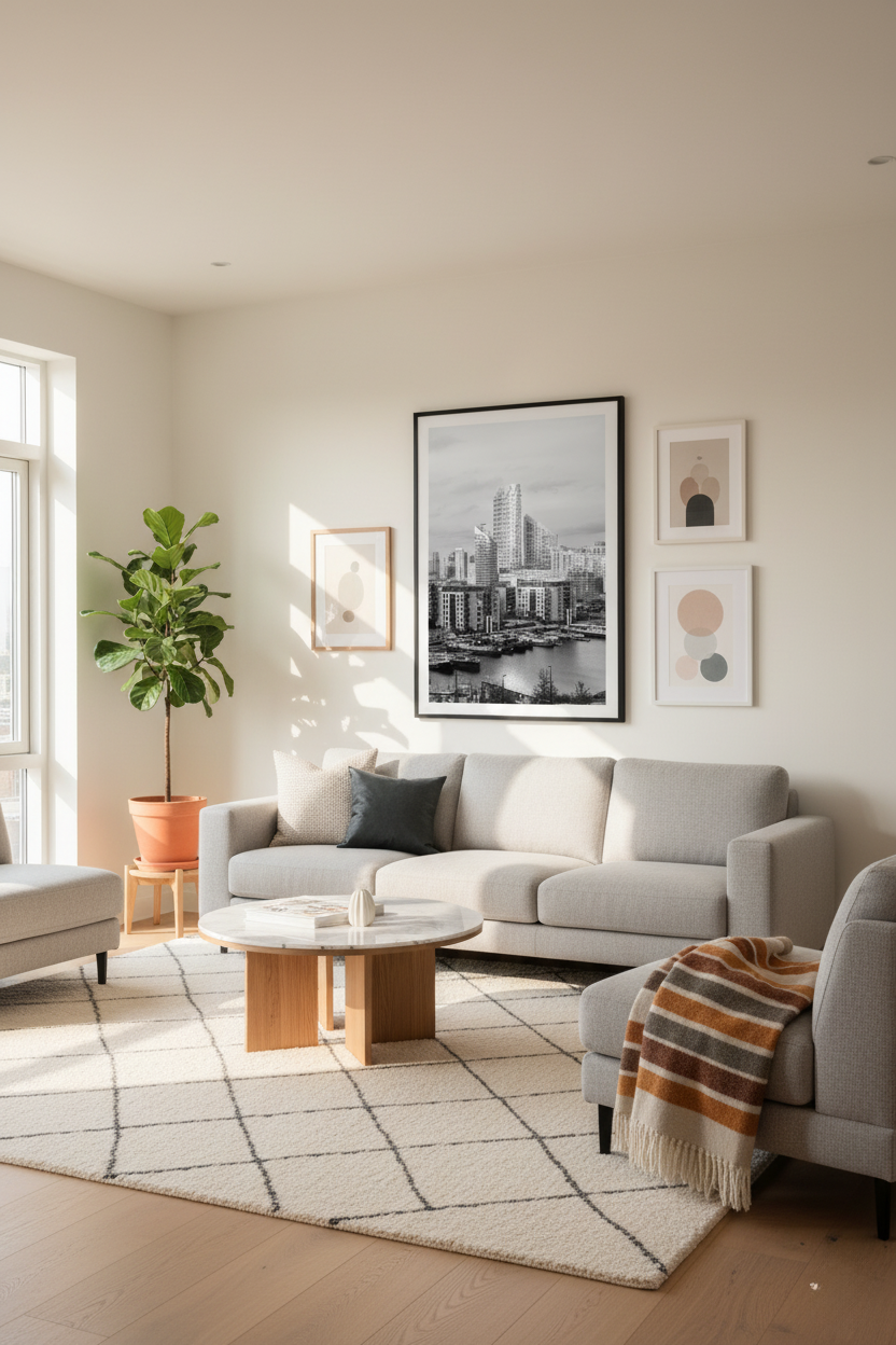 Modern living room with a gray sofa, round wooden coffee table, and framed artwork on the wall.