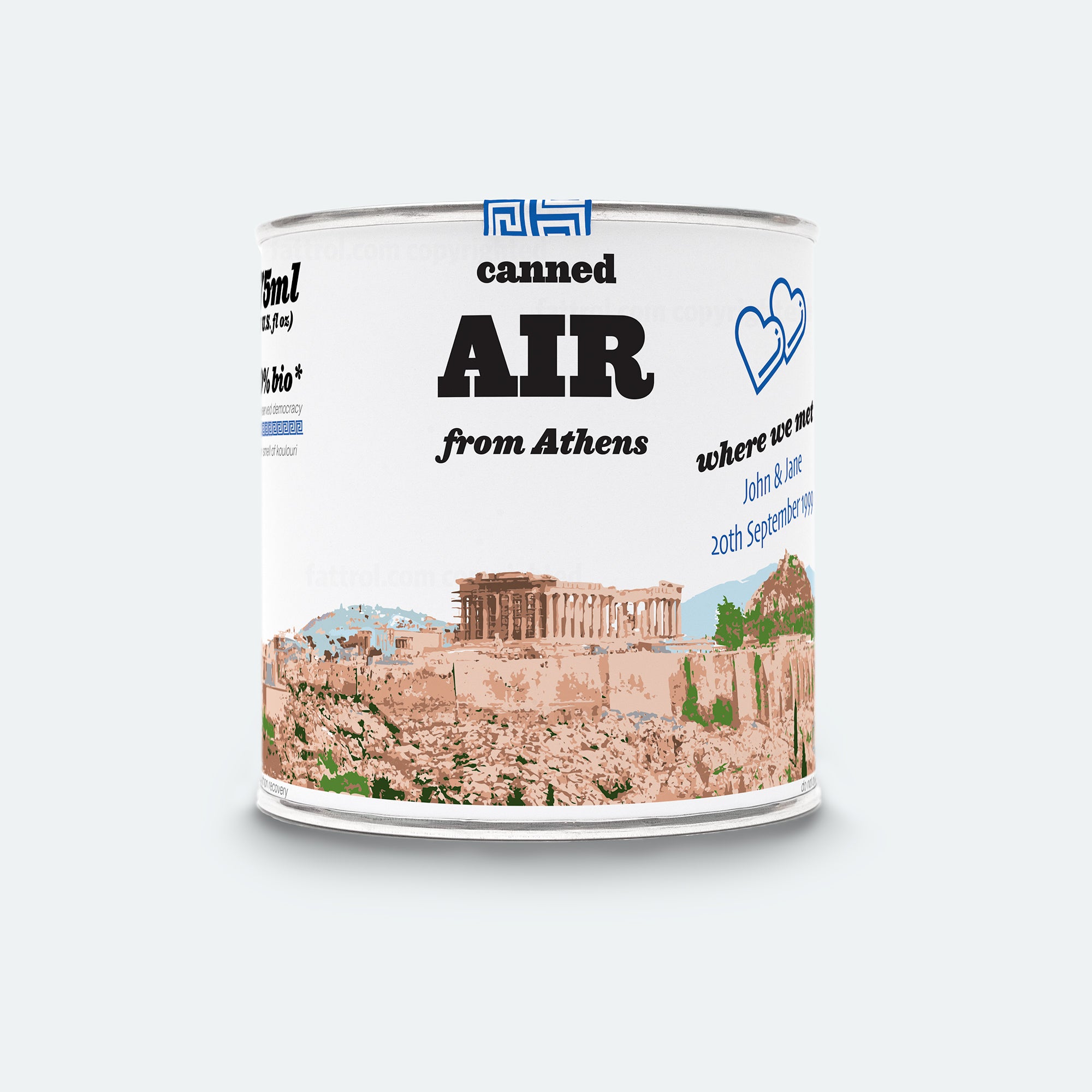 Romantic Canned Air from Athens displayed with postcards and olive leaves — perfect for Valentine’s Day gift