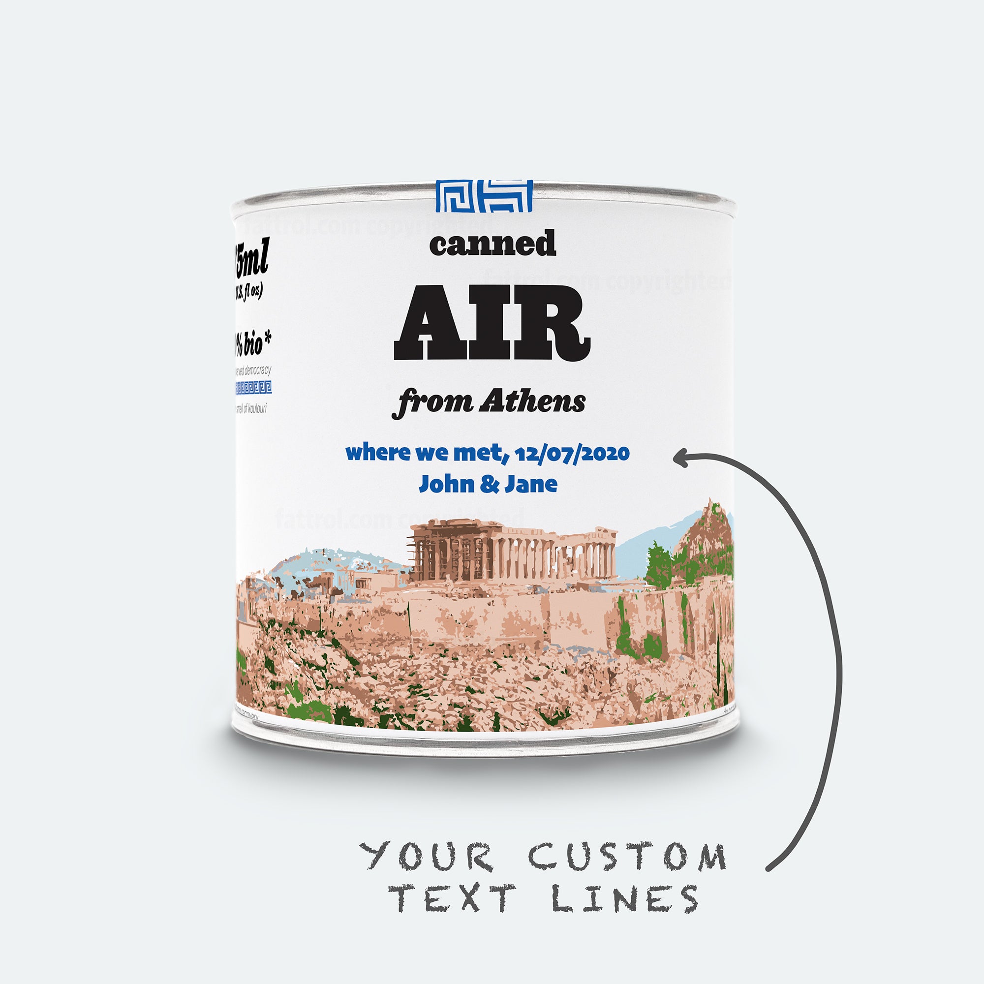 Custom Athens souvenir tin with “Where we met” message — sentimental travel keepsake from Greece