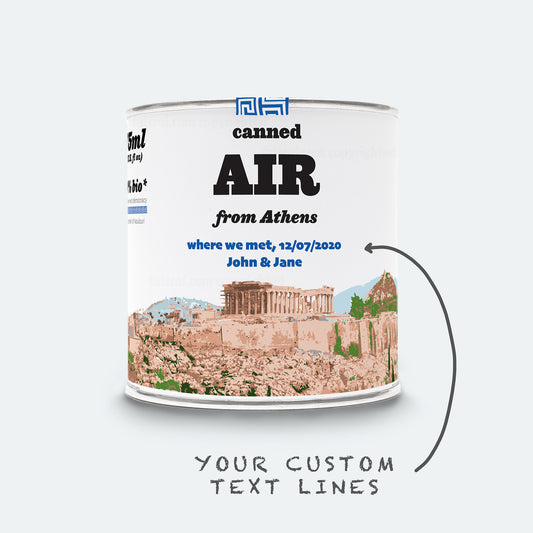 Custom Athens souvenir tin with “Where we met” message — sentimental travel keepsake from Greece